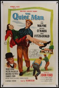 8m427 QUIET MAN linen 1sh R1957 great image of John Wayne carrying Maureen O'Hara, John Ford classic!