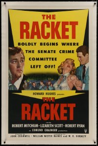 8m429 RACKET linen 1sh 1951 Robert Ryan grabs sexy Lizabeth Scott, Robert Mitchum, Howard Hughes