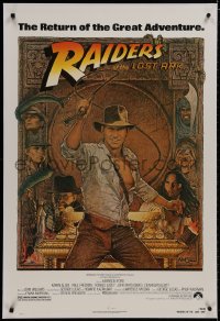 8m431 RAIDERS OF THE LOST ARK linen 1sh R1982 great Richard Amsel art of adventurer Harrison Ford!