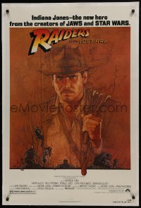 8m430 RAIDERS OF THE LOST ARK linen 1sh 1981 Richard Amsel art of Harrison Ford, Steven Spielberg!