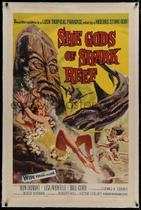 8m444 SHE GODS OF SHARK REEF linen 1sh 1958 Roger Corman, censored art of sexy swimmer & sharks!