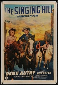 8m449 SINGING HILL linen 1sh 1941 singing cowboy Gene Autry & pretty Virginia Dale on horses!