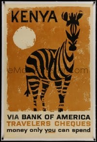 8m155 BANK OF AMERICA linen 28x42 advertising poster 1960 cool art of African zebra in Kenya!