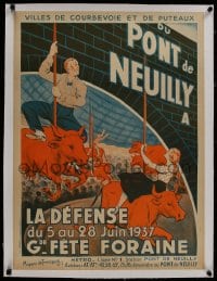 8m176 DU PONT DE NEUILLY linen 23x31 French special poster 1937 great art of people on carousel!