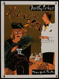 8m143 LADIES IM HOTEL linen 24x33 German stage poster 1990s Pfuller art of waiter, woman & dog!