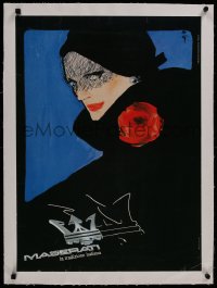 8m163 MASERATI linen 20x28 Italian advertising poster 1985 Rene Gruau art of woman in all black!