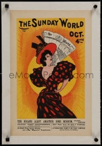 8m188 NEW YORK WORLD linen 12x19 special poster 1896 October 4th, Edge art of woman & newspaper!