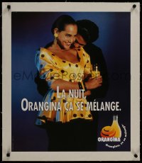 8m165 ORANGINA linen 20x24 French advertising poster 1980s art of happy woman with orange juice!