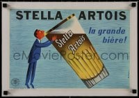 8m166 STELLA ARTOIS linen 11x16 Belgian advertising poster 1955 Rohonyi art of tiny man & huge beer!
