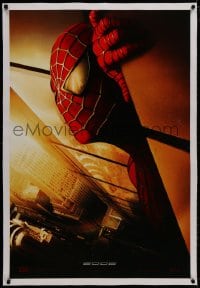 8m455 SPIDER-MAN linen int'l Spanish language teaser 1sh 2002 Maguire w/WTC towers in eyes, Marvel!