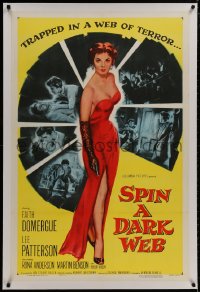 8m456 SPIN A DARK WEB linen 1sh 1956 wonderful film noir art of sexy Faith Domergue with gun!