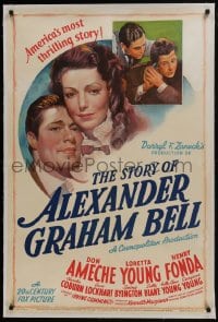 8m463 STORY OF ALEXANDER GRAHAM BELL linen 1sh 1939 art of Don Ameche, Loretta Young & Henry Fonda!