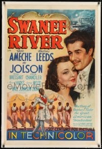 8m467 SWANEE RIVER linen style A 1sh 1939 art of Don Ameche, Andrea Leeds & blackface Al Jolson!