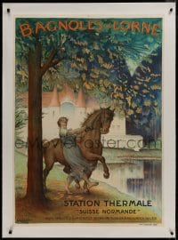 8m112 BAGNOLES DE L'ORNE linen 29x41 French travel poster 1922 Leandre art of woman taming horse!