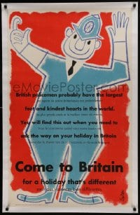 8m113 COME TO BRITAIN linen 25x40 English travel poster 1950s Salter art of kind British policeman!