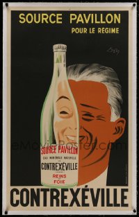 8m114 CONTREXEVILLE linen 25x40 French travel poster 1928 Jean Don art of man with mineral water!