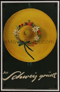 8m115 DIE SCWEIZ GRUSST linen 26x41 Swiss travel poster 1937 Alois Carigiet of sun hat with flowers!