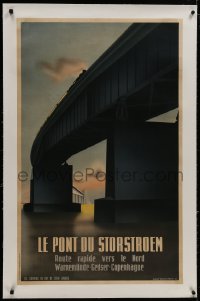 8m120 LE PONT DU STORSTROEM linen 25x39 Danish travel poster 1937 Rasmussen art of train on bridge!