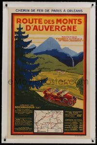 8m122 ROUTE DES MONTS D'AUVERGNE linen 25x39 French travel poster 1930 art of car in the mountains!