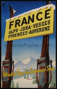 8m123 SNCF linen 24x38 French travel poster 1930s Roland Hugon art of sign hanging on skis!
