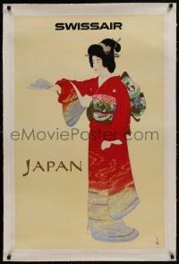 8m124 SWISSAIR JAPAN linen 25x39 Japanese travel poster 1968 great Shoen Uemura of geisha girl!
