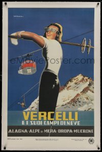 8m125 VERCELLI linen 25x38 Italian travel poster 1950s Alberto Campagnoli art of female skier!