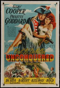 8m479 UNCONQUERED linen 1sh 1947 art of Gary Cooper holding sexy Paulette Goddard & two guns!
