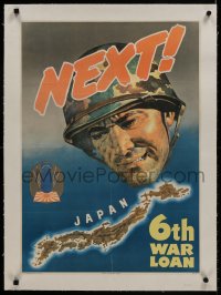 8m136 NEXT! linen 20x28 WWII war poster 1944 6th War Loan, James Bingham art of soldier over Japan!