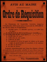 8m129 ORDRE DE REQUISITION linen 12x16 French WWI war poster 1914 created by the occupying Germans!