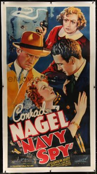 8p031 NAVY SPY linen 3sh 1937 cool artwork of Conrad Nagel + woman with smoking gun!