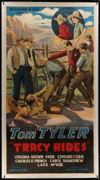 8p035 TRACY RIDES linen 3sh 1935 cool art of cowboy hero Tom Tyler punching bad guy in the throat!