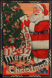 8p014 MERRY CHRISTMAS 1957 40x60 1957 great artwork of Santa Claus w/ his list by tree & presents!