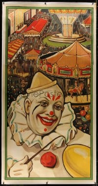 8p040 UNKNOWN CIRCUS POSTER linen 42x81 circus poster 1930s art of clown, carousel & attractions!