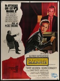 8p090 MARNIE linen French 1p 1964 different art of Sean Connery & Tippi Hedren, Hitchcock shown!