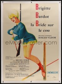 8p091 ONLY FOR LOVE linen French 1p 1963 best Hurel art of sexy Brigitte Bardot with rifle & skis!