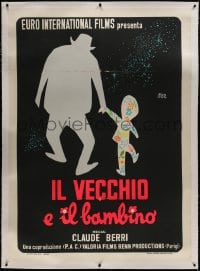 8p076 TWO OF US linen teaser Italian 1p 1968 Deseta dayglo old man & child silhouette art, rare!