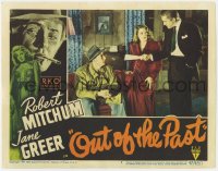 8r176 OUT OF THE PAST LC #8 1947 Kirk Douglas hands papers to Robert Mitchum & Jane Greer, rare!
