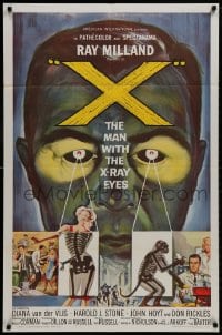 8r094 X: THE MAN WITH THE X-RAY EYES 1sh 1963 Ray Milland strips souls & bodies, cool art!