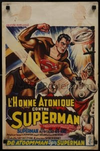 8s201 ATOM MAN VS SUPERMAN Belgian 1953 art of Kirk Alyn in costume smashing villain, ultra rare!