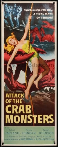 8s148 ATTACK OF THE CRAB MONSTERS insert 1957 Roger Corman, art of sexy girl grabbed by beast!