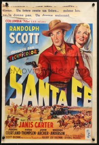 8t454 SANTA FE Belgian 1951 art of cowboy Randolph Scott & Janis Carter in New Mexico!