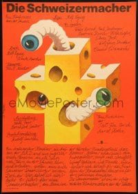 8t721 SWISSMAKERS East German 11x16 1980 different art of Swiss cheese and worms by Schallnau!