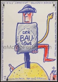 8t774 LION CARPENTER East German 23x32 1980 wacky Ernst art of man with tail holding title sign!