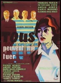 8t240 EVERYBODY WANTS TO KILL ME French 23x31 1957 Peter Van Eyck, Hurel art, purple background!