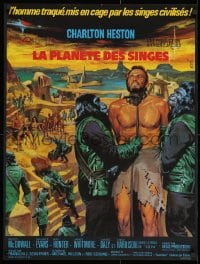 8t245 PLANET OF THE APES French 23x30 1968 art of enslaved Charlton Heston by Jean Mascii!