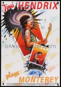 8t091 JIMI PLAYS MONTEREY German 1987 great close up of Hendrix playing guitar & singing by Harlin!