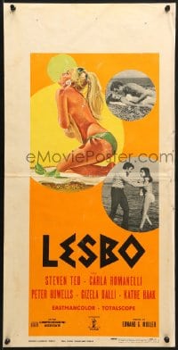 8t646 LESBO Italian locandina 1969 early lesbian tale, art of sexy woman on beach in bikini!