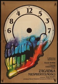 8t525 HUNGER Polish 26x38 1984 bizarre Wieslaw Walkuski artwork of colorful skull clock!