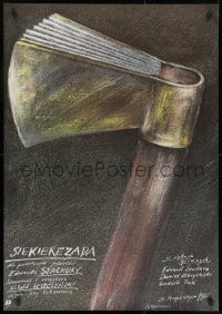 8t551 SIEKIEREZADA Polish 26x38 1985 cool artwork of hatchet & book heads by Andrzej Pagowski!