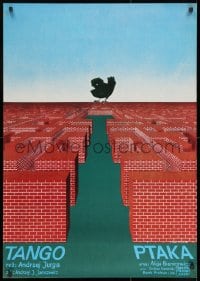 8t566 TANGO PTAKA Polish 27x38 1980 artwork of black bird over maze of bricks by Pawel Petrycki!